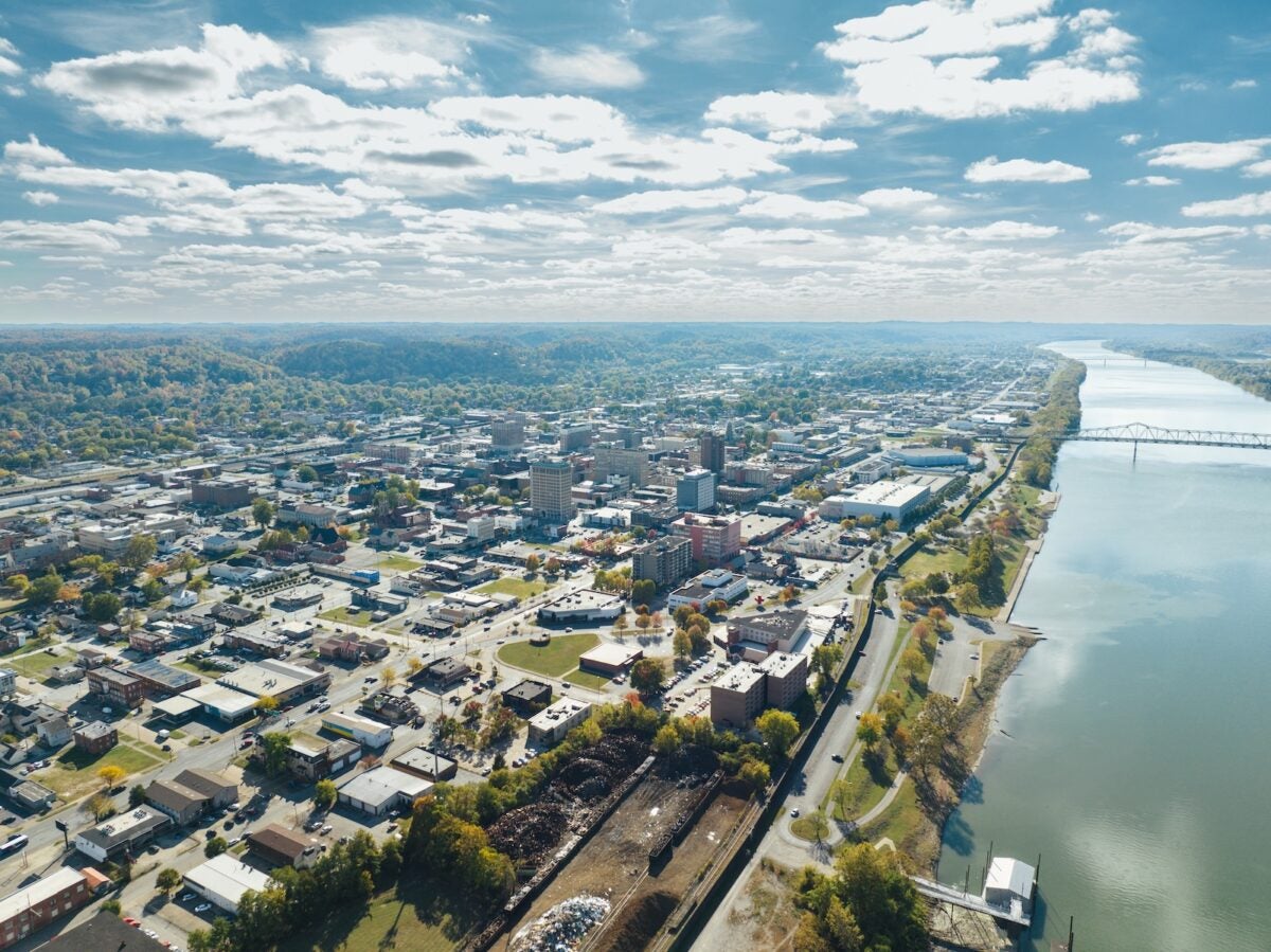 drone shot of with the Ohio River in it