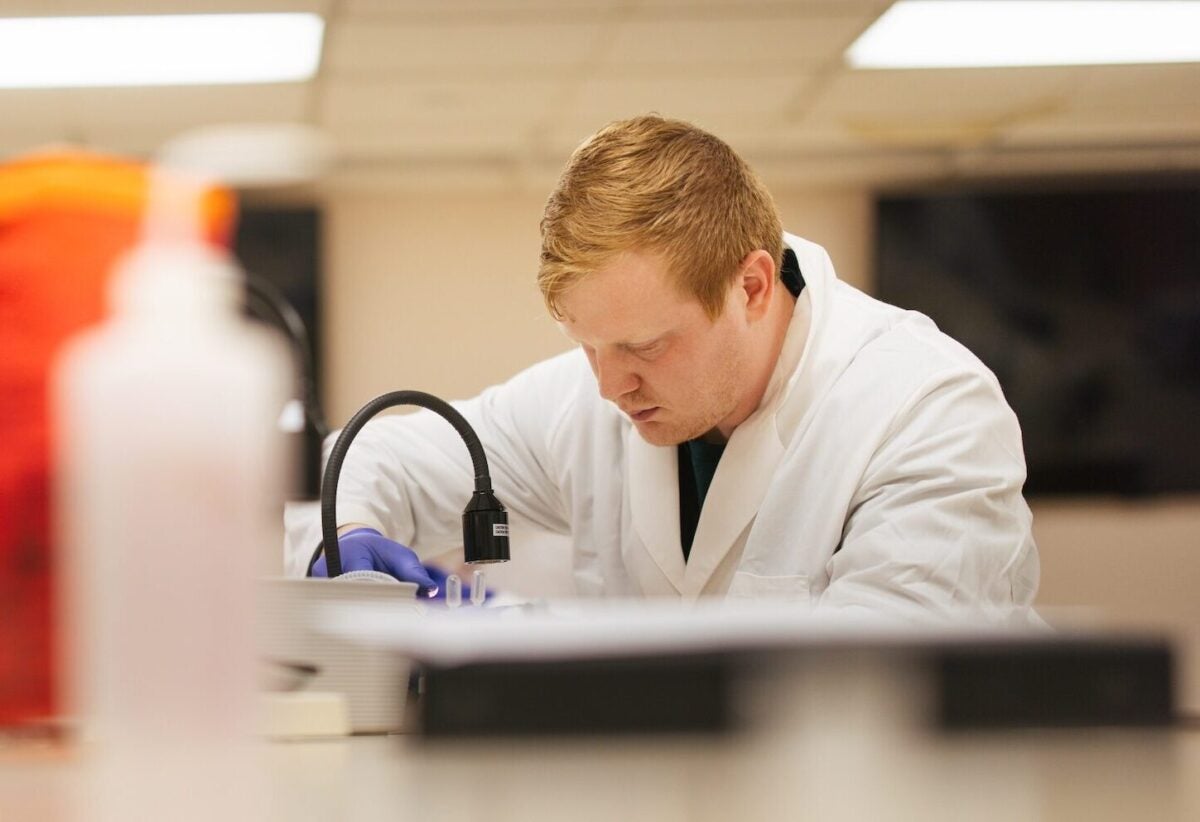 student working on a lab sample