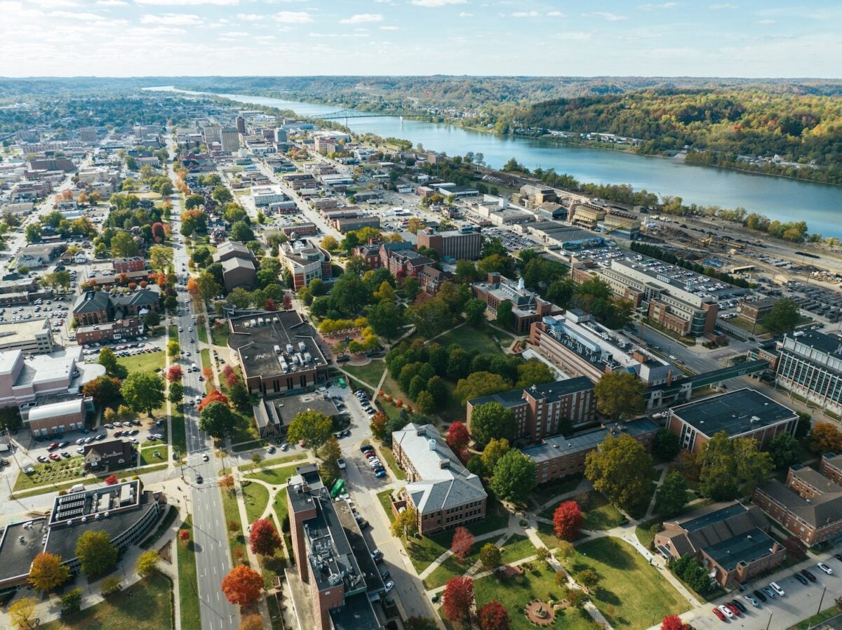 drone shot of Marshall and Huntington, symbolizing Appalachia