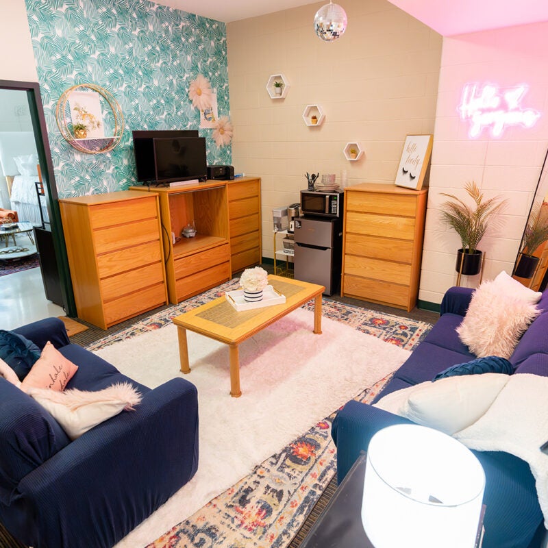 A student decorated common area from a suite in Marshall Commons.