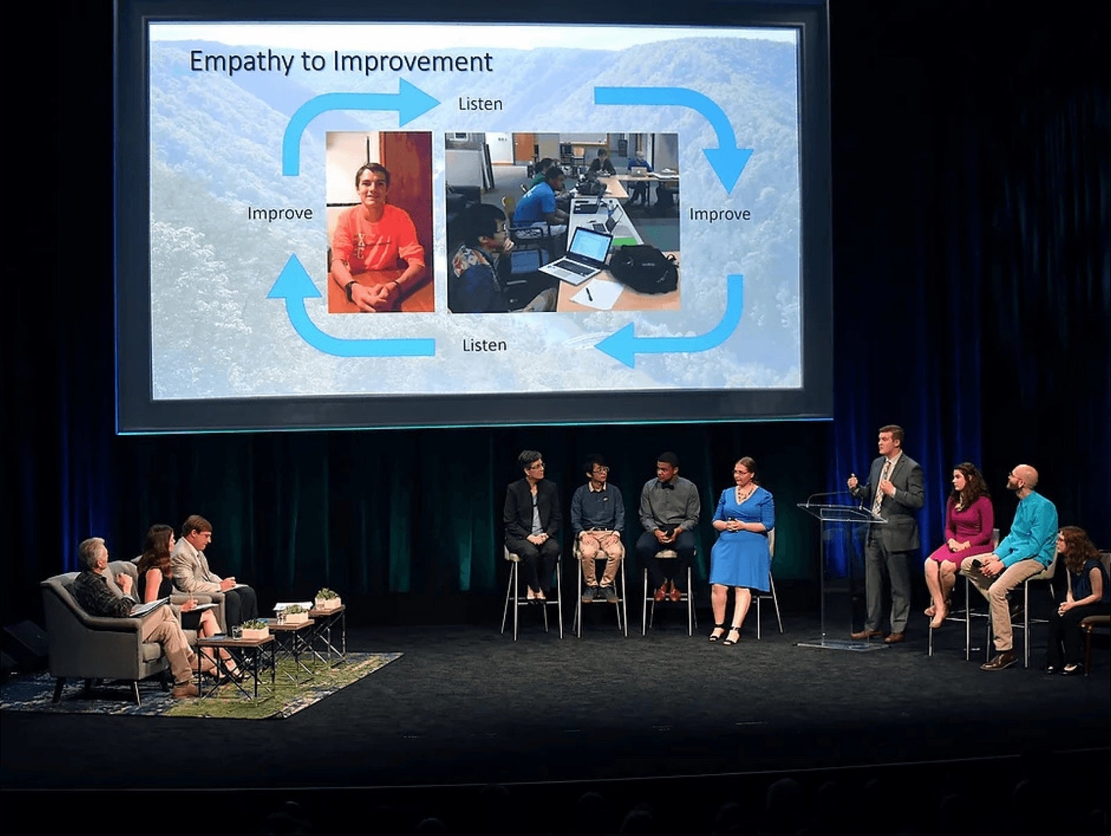 student presenting a project at a theater