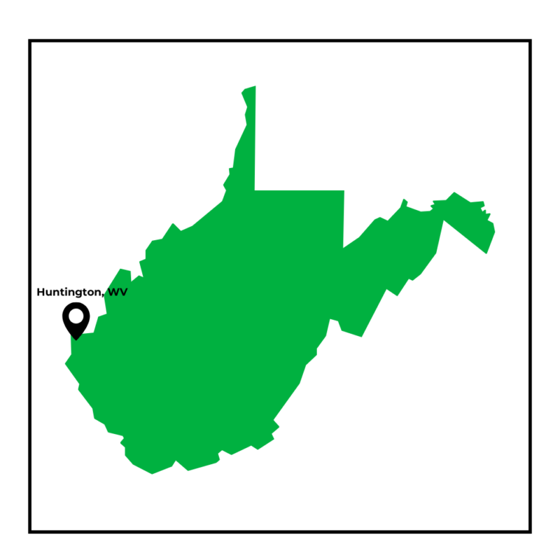 state of WV map with Huntington, WV marked