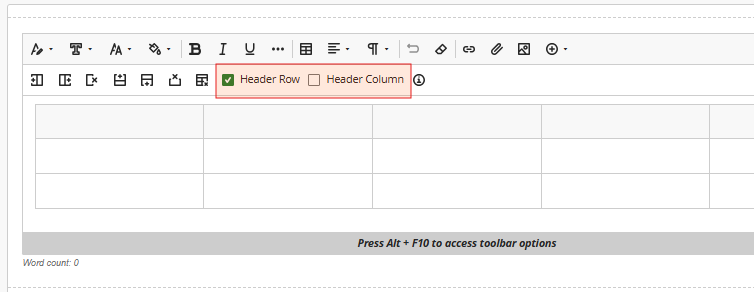 Screen shot of Header Row in a table