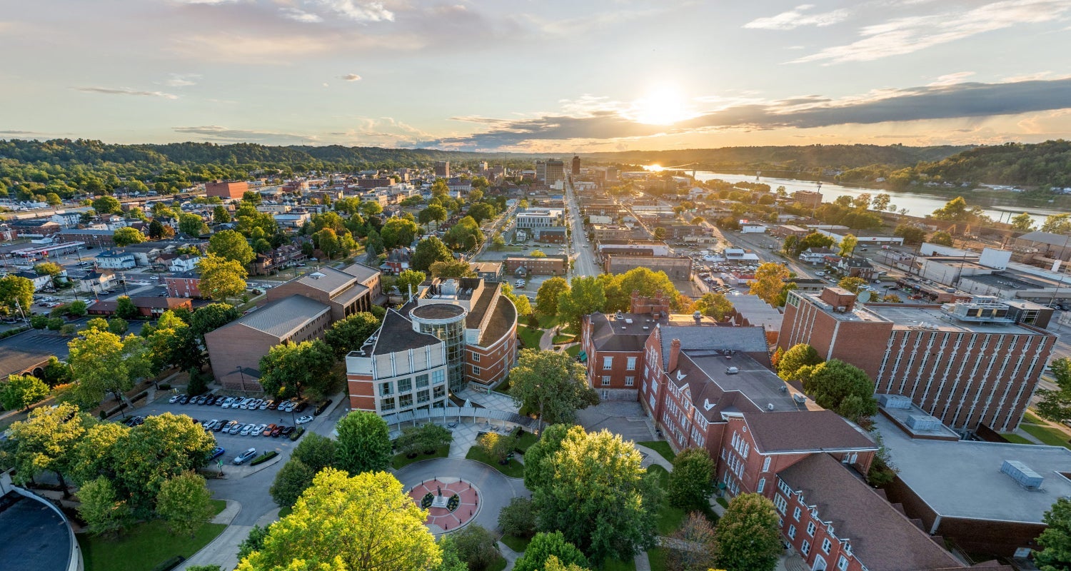 An overhead view of the Marshall University Campus and downtown Huntington, W.Va.