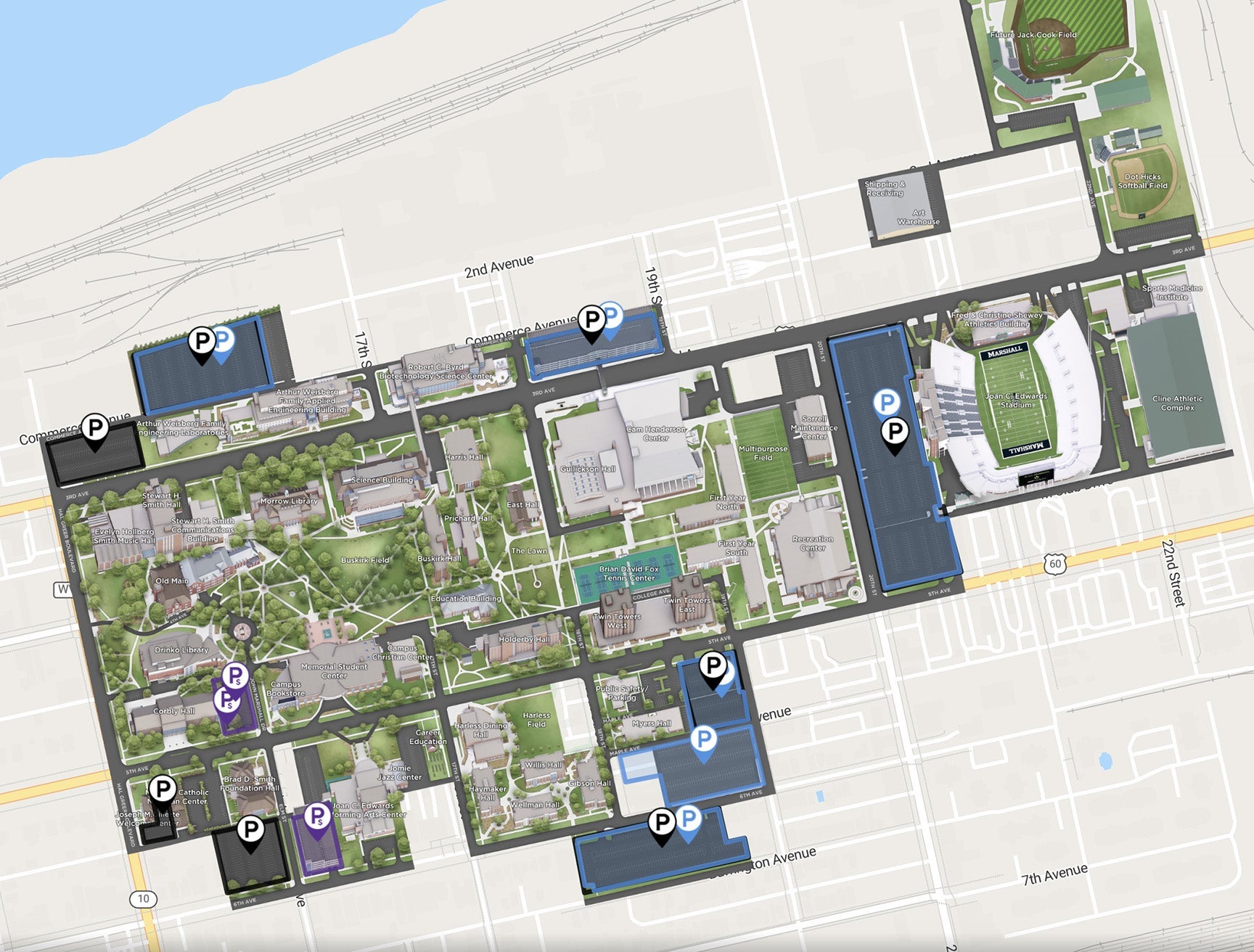 Map showing parking locations on Marshall University's Huntington campus