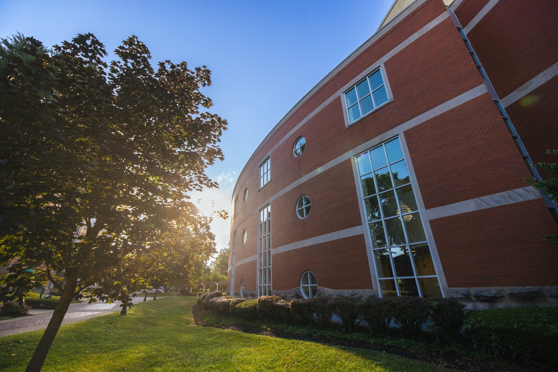 side of Drinko Library with sun shining through
